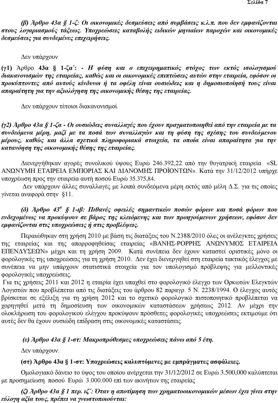 Δεν υπάρχουν (γ1) Άρθρο 43α 1-ζα : - Η φύση και ο επιχειρηματικός στόχος των εκτός ισολογισμού διακανονισμών της εταιρείας, καθώς και οι οικονομικές επιπτώσεις αυτών στην εταιρεία, εφόσον οι