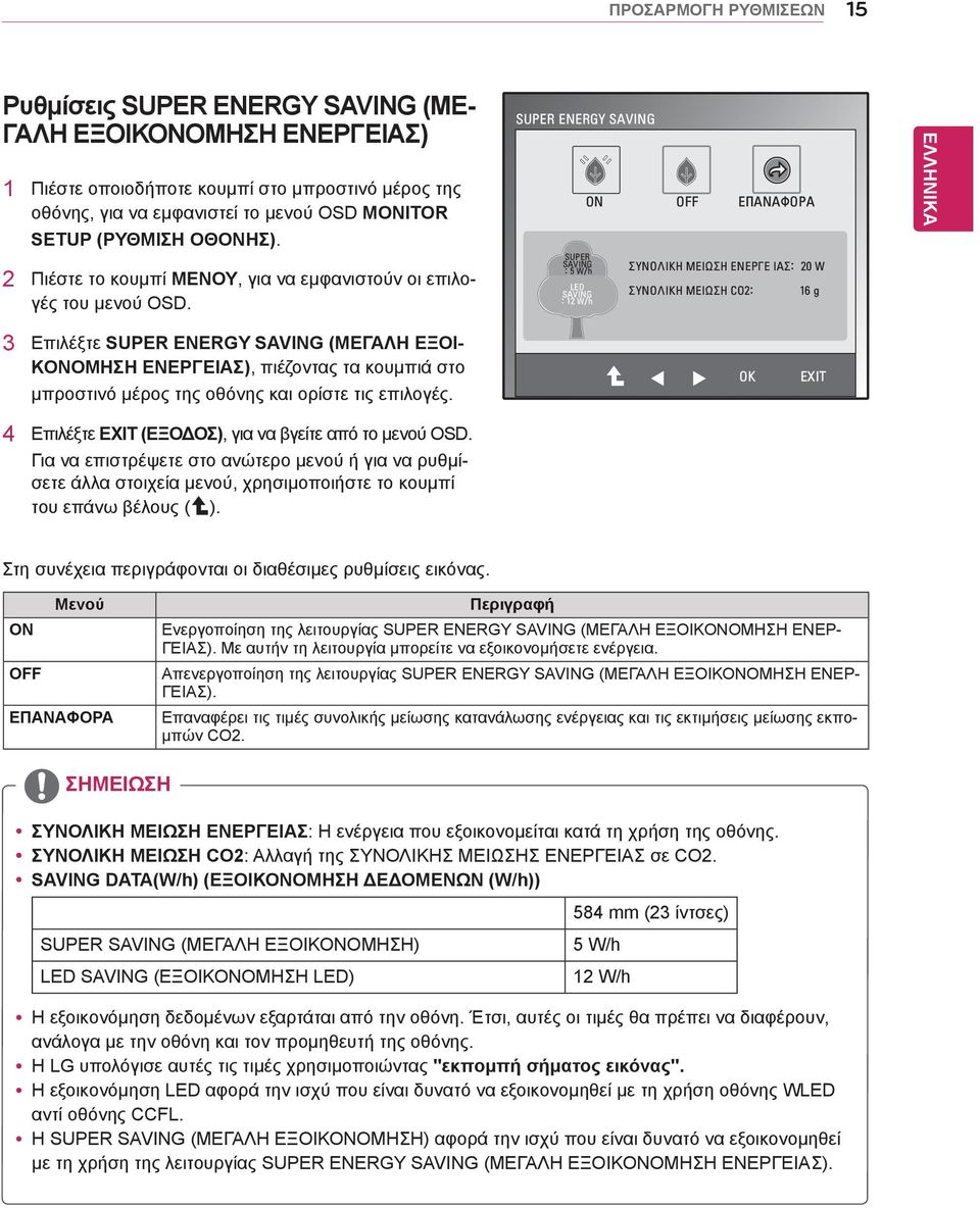 SUPER ENERGY SAVING SUPER SAVING : 5 W/h LED SAVING : 12 W/h ON OFF ΕΠΑΝΑΦΟΡΑ ΣΥΝΟΛΙΚΗ ΜΕΙΩΣΗ ΕΝΕΡΓΕ ΙΑΣ: 20 W ΣΥΝΟΛΙΚΗ ΜΕΙΩΣΗ CO2: 16 g 3 Επιλέξτε SUPER ENERGY SAVING (MΕΓΑΛΗ ΕΞΟΙ- ΚΟΝΟΜΗΣΗ