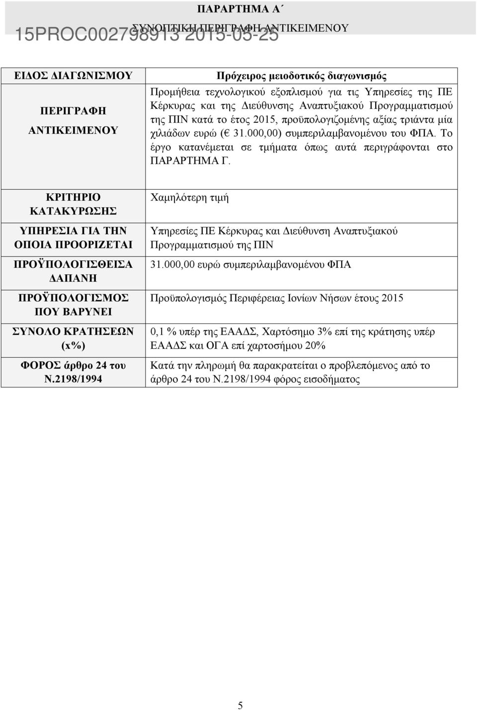 Το έργο κατανέμεται σε τμήματα όπως αυτά περιγράφονται στο ΠΑΡΑΡΤΗΜΑ Γ.