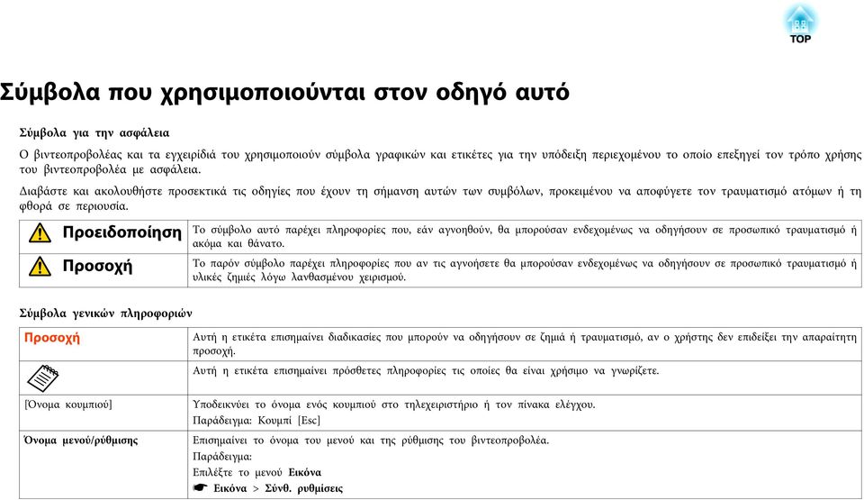 Διαβάστε και ακολουθήστε προσεκτικά τις οδηγίες που έχουν τη σήμανση αυτών των συμβόλων, προκειμένου να αποφύγετε τον τραυματισμό ατόμων ή τη φθορά σε περιουσία.