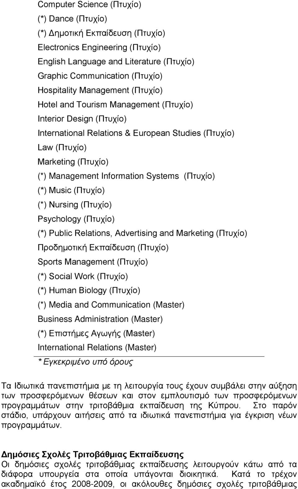 Systems (Πτυχίο) (*) Music (Πτυχίο) (*) Nursing (Πτυχίο) Psychology (Πτυχίο) (*) Public Relations, Advertising and Marketing (Πτυχίο) Προδημοτική Εκπαίδευση (Πτυχίο) Sports Management (Πτυχίο) (*)