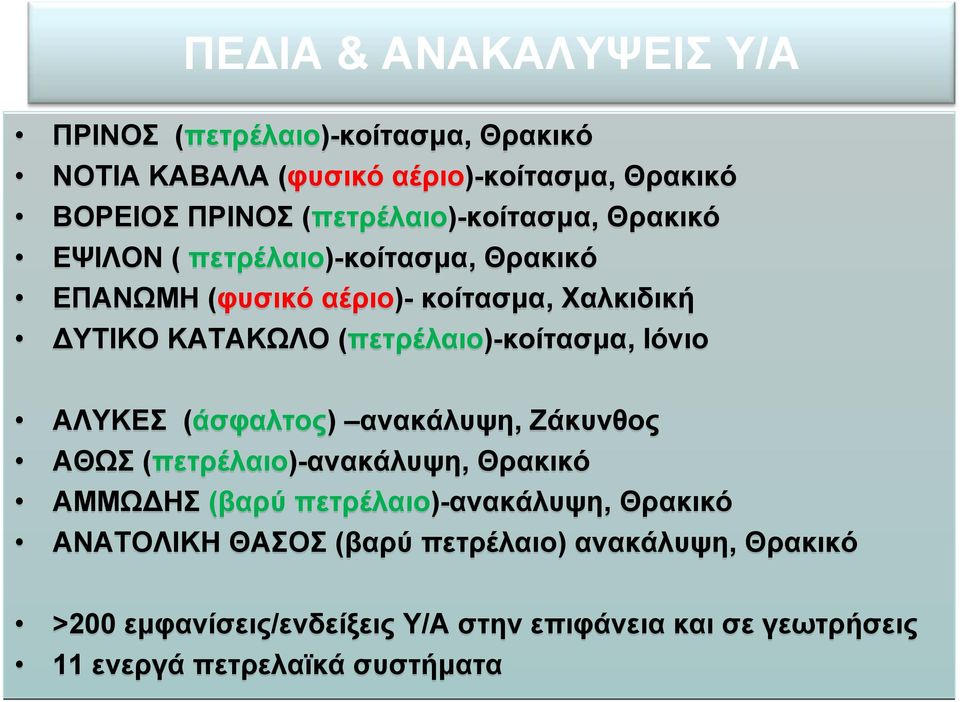 (πετρέλαιο)-κοίτασμα, Ιόνιο ΑΛΥΚΕΣ (άσφαλτος) ανακάλυψη, Ζάκυνθος ΑΘΩΣ (πετρέλαιο)-ανακάλυψη, Θρακικό ΑΜΜΩ ΗΣ (βαρύ