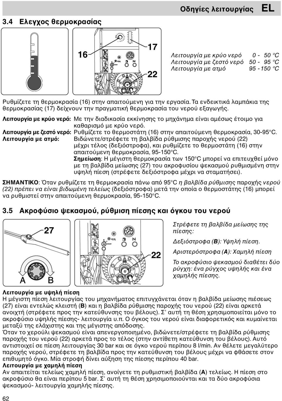 εργασία. Τα ενδεικτικά λαμπάκια της θερμοκρασίας (17) δείχνουν την πραγματική θερμοκρασία του νερο εξαγωγής.