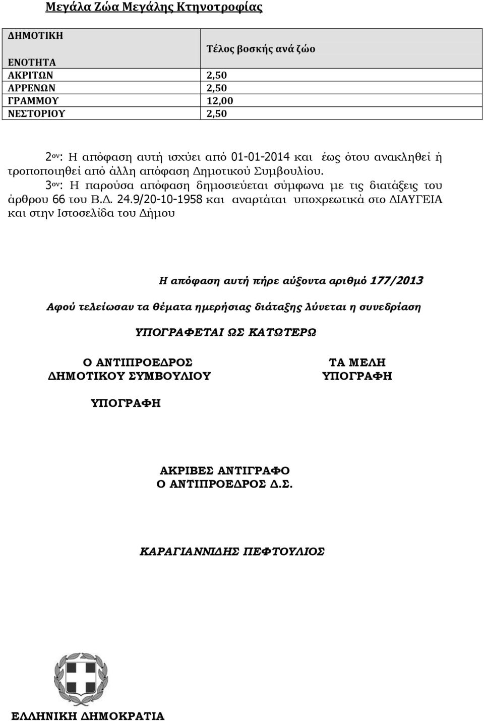 9/20-10-1958 και αναρτάται υποχρεωτικά στο ΔΙΑΥΓΕΙΑ και στην Ιστοσελίδα του Δήμου Η απόφαση αυτή πήρε αύξοντα αριθμό 177/2013 Αφού τελείωσαν τα θέματα ημερήσιας διάταξης