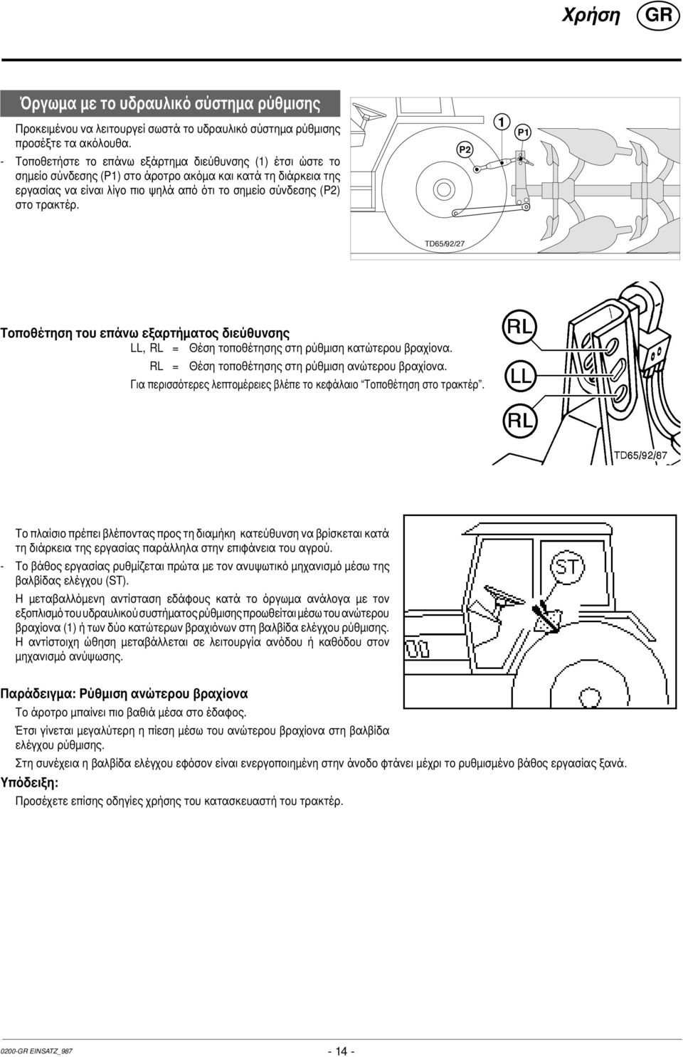 P P TD5/9/ Τοποθέτηση του επάνω εξαρτήματος διεύθυνσης LL, RL = Θέση τοποθέτησης στη ρύθμιση κατώτερου βραχίονα. RL = Θέση τοποθέτησης στη ρύθμιση ανώτερου βραχίονα.