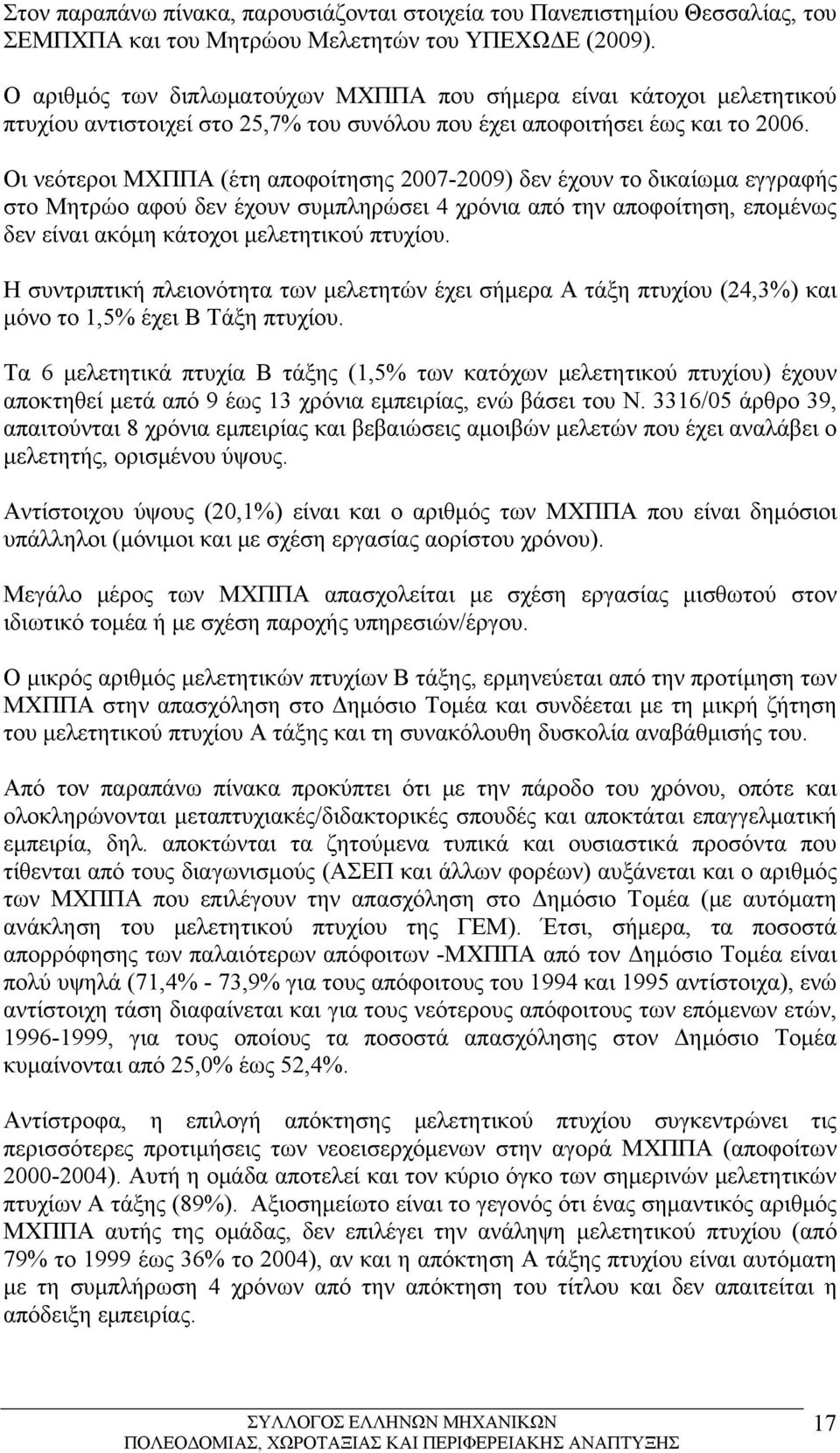 Οι νεότεροι ΜΧΠΠΑ (έτη αποφοίτησης 2007-2009) δεν έχουν το δικαίωμα εγγραφής στο Μητρώο αφού δεν έχουν συμπληρώσει 4 χρόνια από την αποφοίτηση, επομένως δεν είναι ακόμη κάτοχοι μελετητικού πτυχίου.