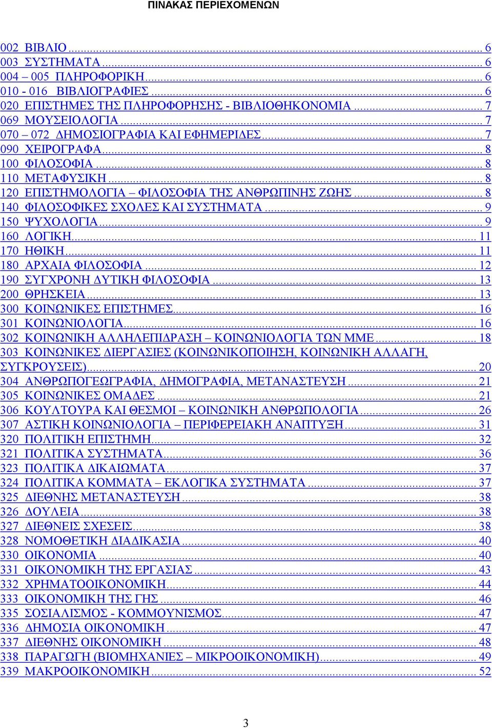 .. 9 150 ΨΥΧΟΛΟΓΙΑ... 9 160 ΛΟΓΙΚΗ... 11 170 ΗΘΙΚΗ... 11 180 ΑΡΧΑΙΑ ΦΙΛΟΣΟΦΙΑ... 12 190 ΣΥΓΧΡΟΝΗ ΥΤΙΚΗ ΦΙΛΟΣΟΦΙΑ... 13 200 ΘΡΗΣΚΕΙΑ... 13 300 ΚΟΙΝΩΝΙΚΕΣ ΕΠΙΣΤΗΜΕΣ... 16 301 ΚΟΙΝΩΝΙΟΛΟΓΙΑ.