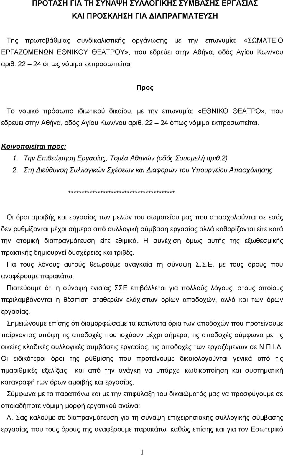 22 24 όπως νόμιμα εκπροσωπείται. Κοινοποιείται προς: 1. Την Επιθεώρηση Εργασίας, Τομέα Αθηνών (οδός Σουρμελή αριθ.2) 2.