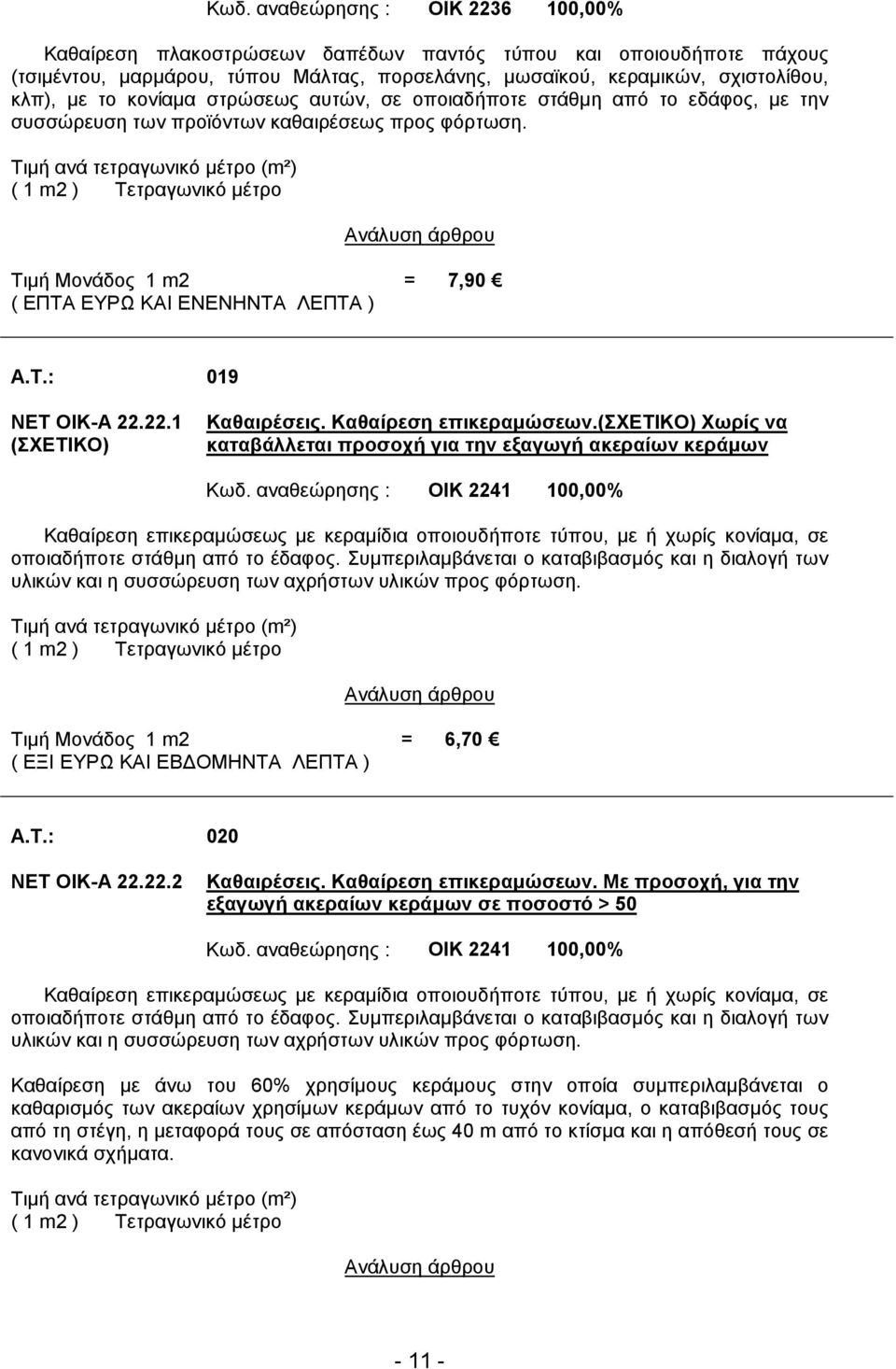 Τιµή ανά τετραγωνικό µέτρο (m²) Τιµή Μονάδος 1 m2 = 7,90 ( ΕΠΤΑ ΕΥΡΩ ΚΑΙ ΕΝΕΝΗΝΤΑ ΛΕΠΤΑ ) A.T.: 019 ΝΕΤ ΟΙΚ-Α 22.22.1 (ΣΧΕΤΙΚΟ) Καθαιρέσεις. Καθαίρεση επικεραµώσεων.