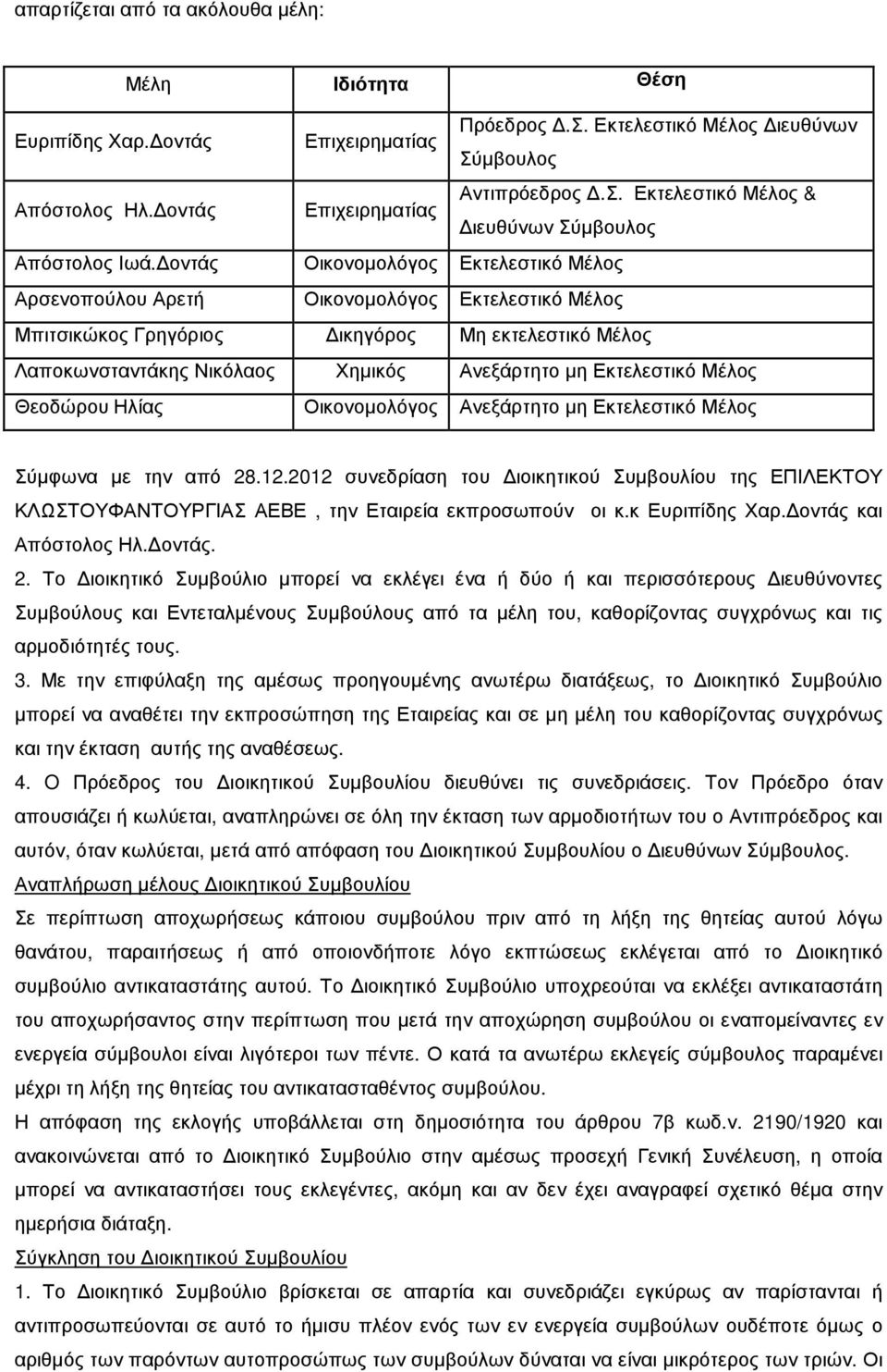 Εκτελεστικό Μέλος Θεοδώρου Ηλίας Οικονοµολόγος Ανεξάρτητο µη Εκτελεστικό Μέλος Σύµφωνα µε την από 28.12.