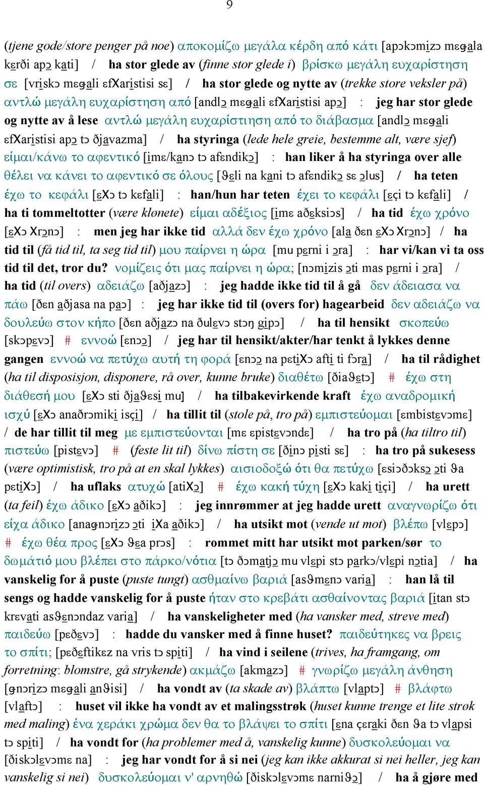 [andlǥ mεǅali εfχaristisi apǥ tǥ ðjavazma] / ha styringa (lede hele greie, bestemme alt, være sjef) είµαι/κάνω το αϕεντικό [imε/kanǥ tǥ afεndikǥ] : han liker å ha styringa over alle θέλει να κάνει το