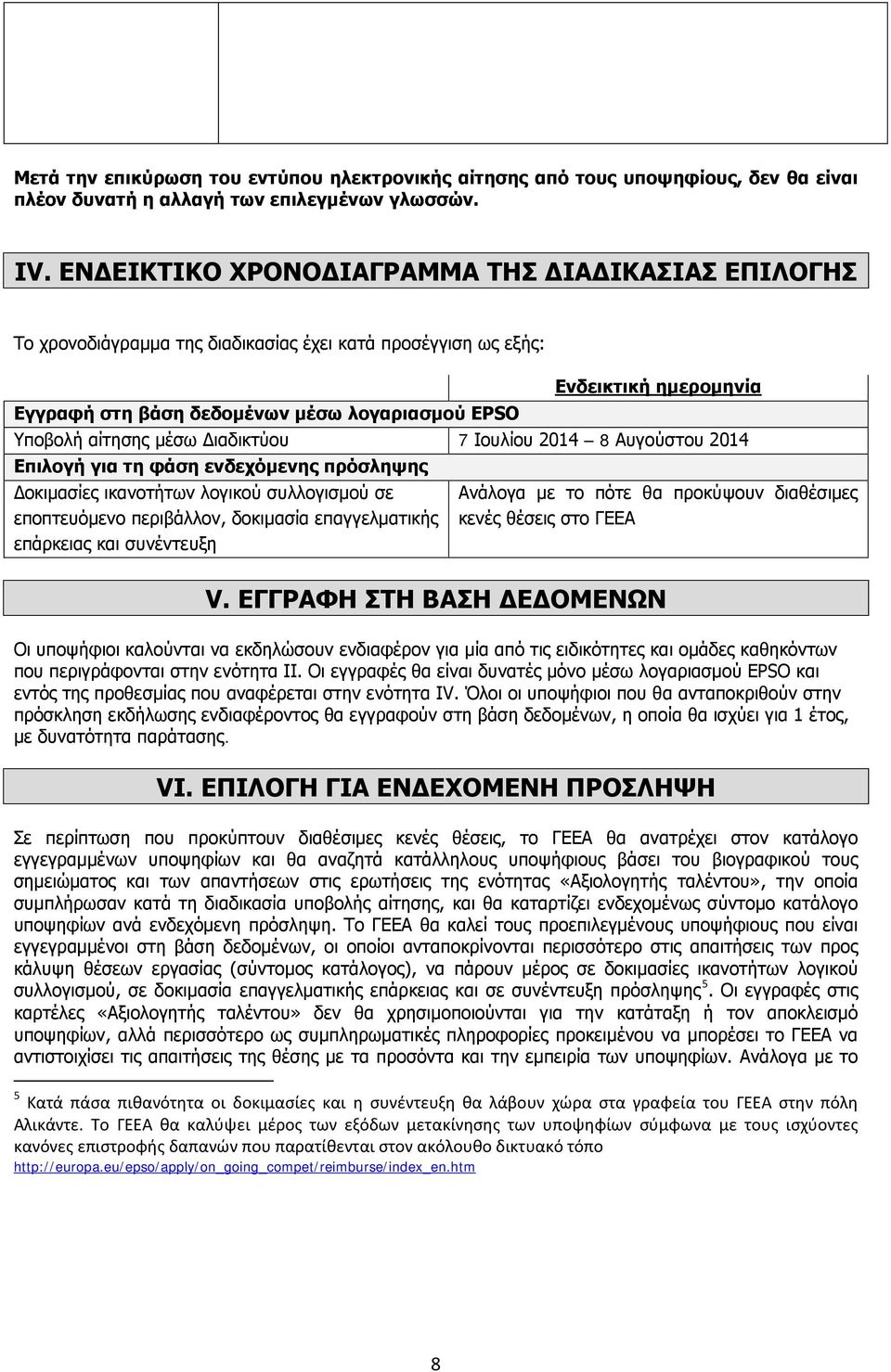 αίτησης μέσω Διαδικτύου 7 Ιουλίου 2014 8 Αυγούστου 2014 Επιλογή για τη φάση ενδεχόμενης πρόσληψης Δοκιμασίες ικανοτήτων λογικού συλλογισμού σε εποπτευόμενο περιβάλλον, δοκιμασία επαγγελματικής