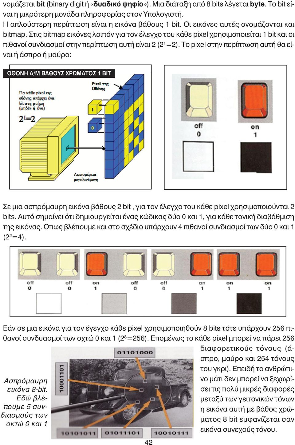 Το pixel στην περίπτωση αυτή θα είναι ή άσπρο ή µαύρο: ΟΘΟΝΗ Α/Μ ΒΑΘΟΥΣ ΧΡΩΜΑΤΟΣ 1 ΒΙΤ Σε µια ασπρόµαυρη εικόνα βάθους 2 bit, για τον έλεγχο του κάθε pixel χρησιµοποιούνται 2 bits.