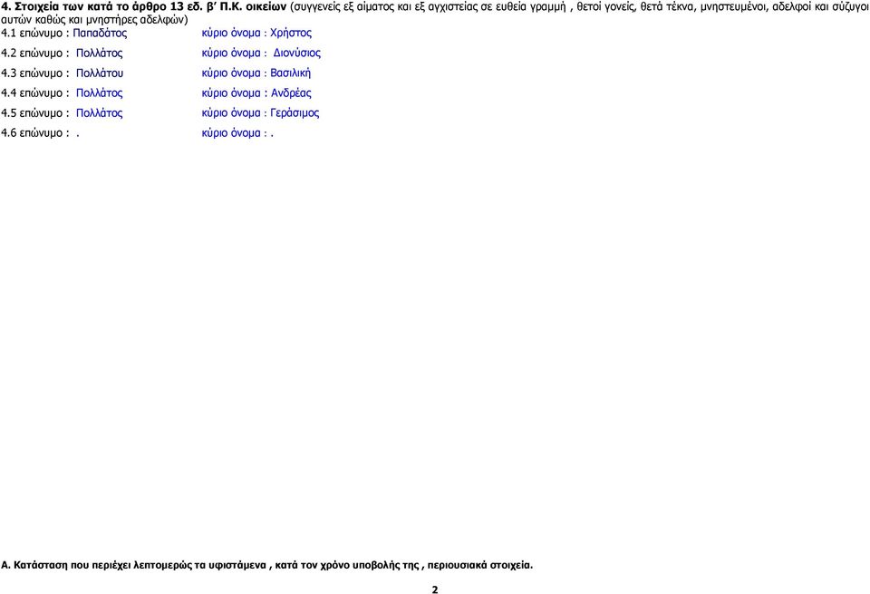 µνηστήρες αδελφών) 4.1 επώνυµο : Παπαδάτος κύριο όνοµα : Χρήστος 4.2 επώνυµο : Πολλάτος κύριο όνοµα : ιονύσιος 4.