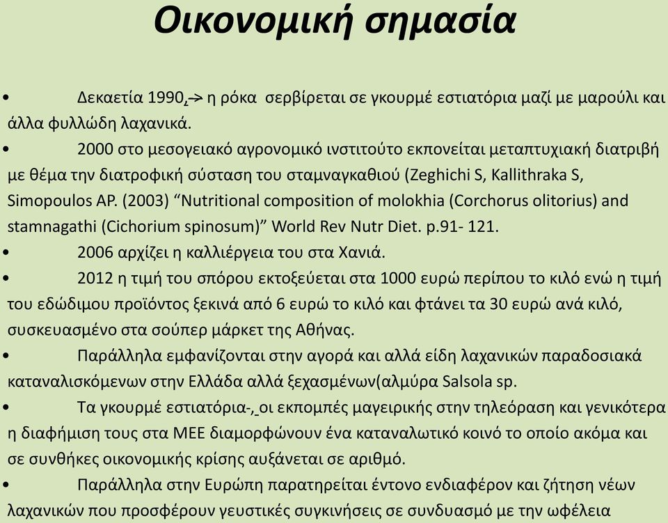 (2003) Nutritional composition of molokhia (Corchorus olitorius) and stamnagathi (Cichorium spinosum) World Rev Nutr Diet. p.91-121. 2006 αρχίζει η καλλιέργεια του στα Χανιά.