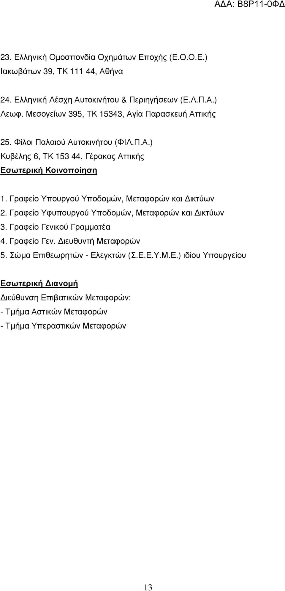 Γραφείο Υπουργού Υποδοµών, Μεταφορών και ικτύων 2. Γραφείο Υφυπουργού Υποδοµών, Μεταφορών και ικτύων 3. Γραφείο Γενικού Γραµµατέα 4. Γραφείο Γεν. ιευθυντή Μεταφορών 5.