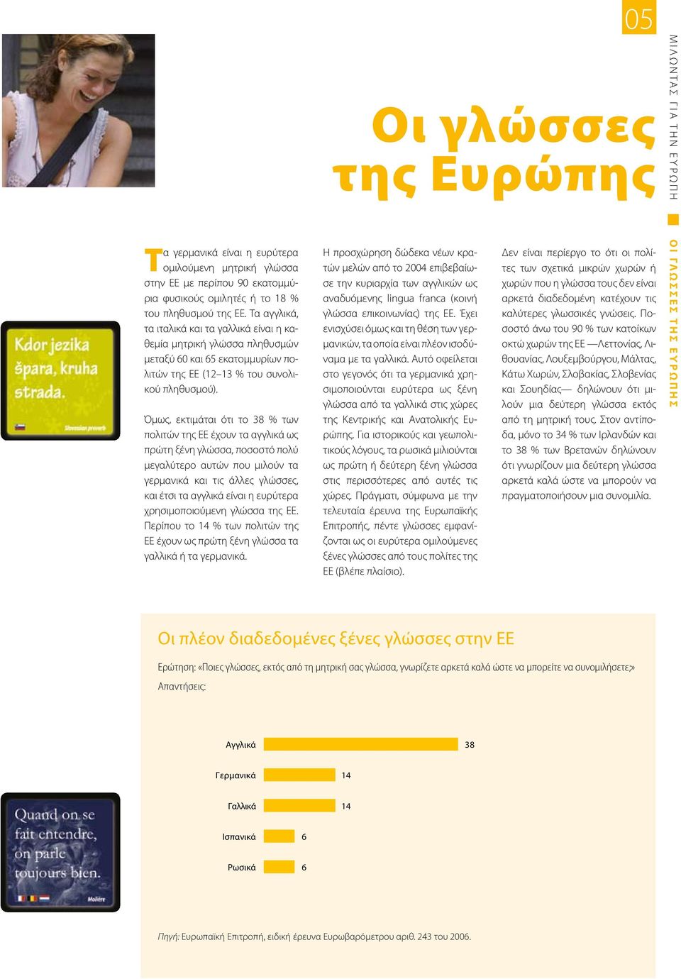 Όμως, εκτιμάται ότι το 38 % των πολιτών της ΕΕ έχουν τα αγγλικά ως πρώτη ξένη γλώσσα, ποσοστό πολύ μεγαλύτερο αυτών που μιλούν τα γερμανικά και τις άλλες γλώσσες, και έτσι τα αγγλικά είναι η ευρύτερα