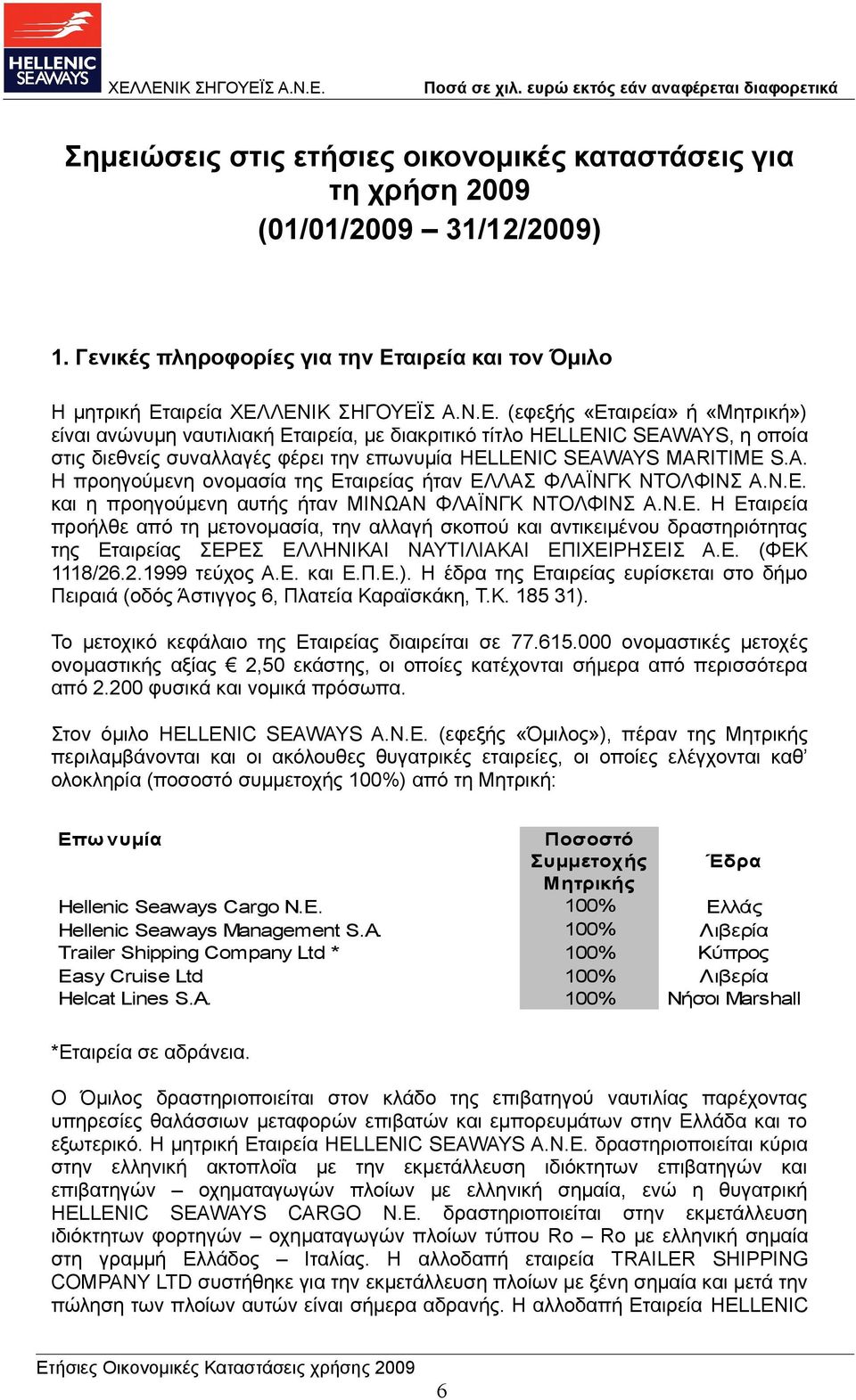 αιρεία ΧΕΛΛΕΝΙΚ ΣΗΓΟΥΕΪΣ Α.Ν.Ε. (εφεξής «Εταιρεία» ή «Μητρική») είναι ανώνυμη ναυτιλιακή Εταιρεία, με διακριτικό τίτλο HELLENIC SEAWAYS, η οποία στις διεθνείς συναλλαγές φέρει την επωνυμία HELLENIC SEAWAYS MARITIME S.