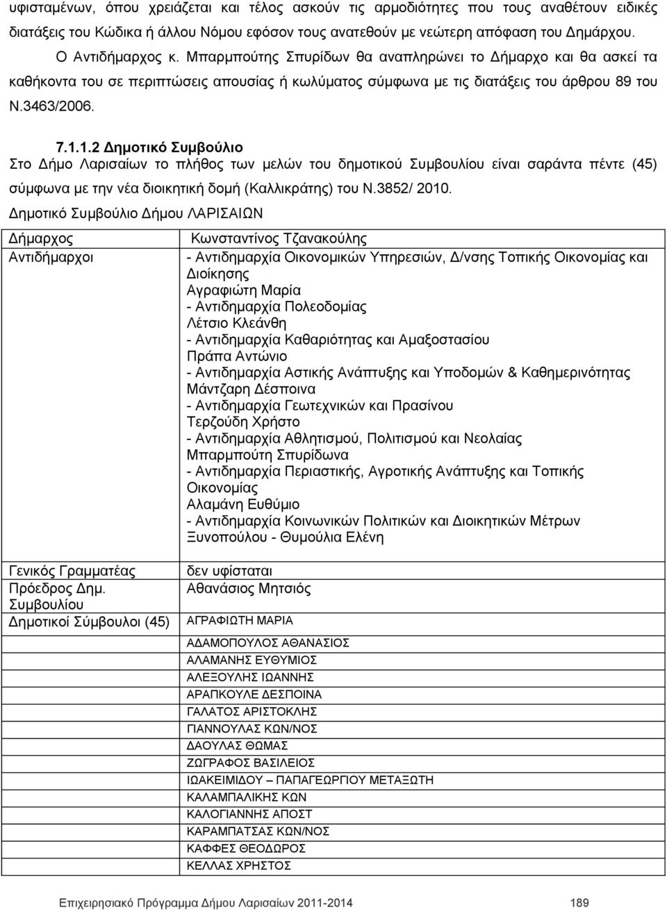 1.2 Δημοτικό Συμβούλιο Στο Δήμο Λαρισαίων το πλήθος των μελών του δημοτικού Συμβουλίου είναι σαράντα πέντε (45) σύμφωνα με την νέα διοικητική δομή (Καλλικράτης) του Ν.3852/ 2010.