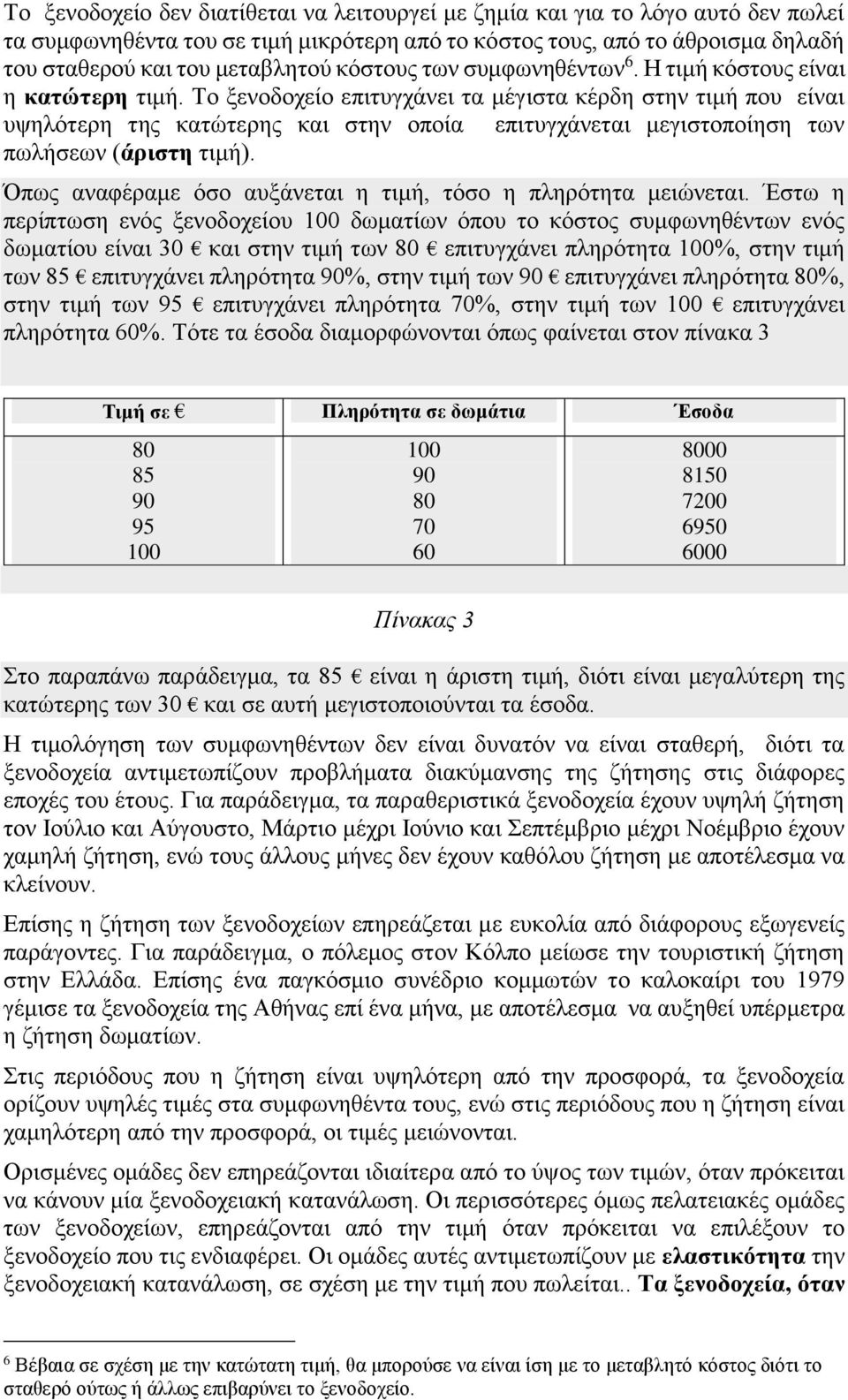 Το ξενοδοχείο επιτυγχάνει τα μέγιστα κέρδη στην τιμή που είναι υψηλότερη της κατώτερης και στην οποία επιτυγχάνεται μεγιστοποίηση των πωλήσεων (άριστη τιμή).