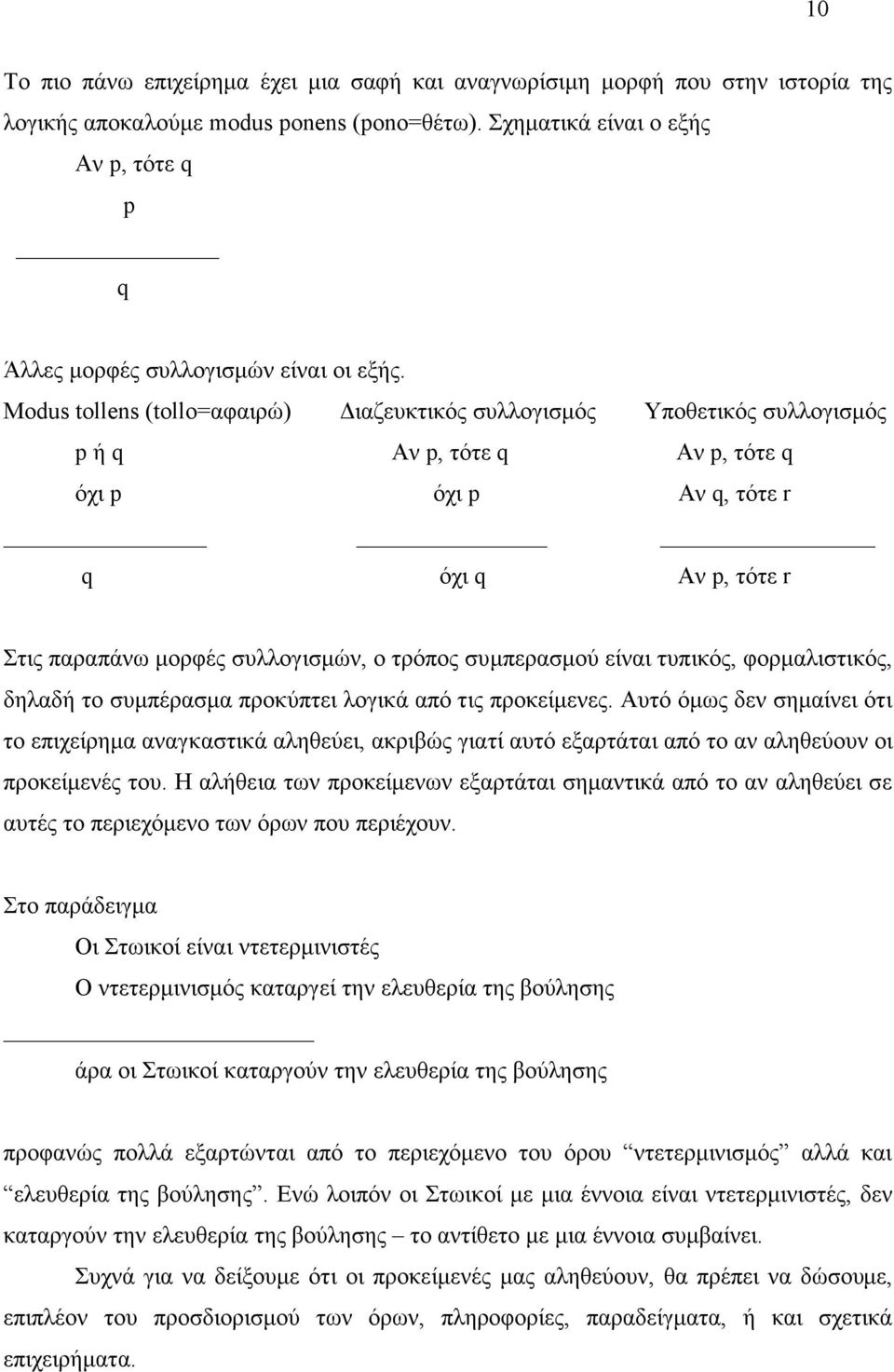 Modus tollens (tollo=αφαιρώ) Διαζευκτικός συλλογισµός Υποθετικός συλλογισµός p ή q Αν p, τότε q Αν p, τότε q όχι p όχι p Aν q, τότε r q όχι q Αν p, τότε r Στις παραπάνω µορφές συλλογισµών, ο τρόπος