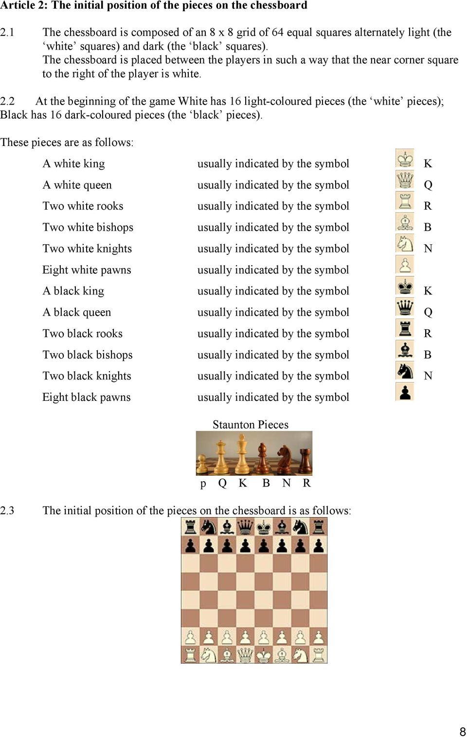 2 At the beginning of the game White has 16 light-coloured pieces (the white pieces); Black has 16 dark-coloured pieces (the black pieces).