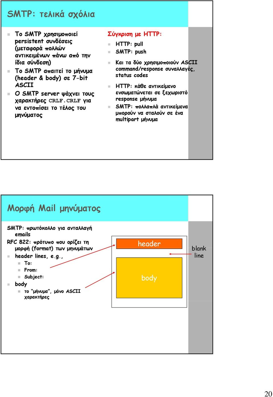 CRLF για να εντοπίσει ει το τέλος του μηνύματος Σύγκριση με HTTP: HTTP: pull SMTP: push Και τα δύο χρησιμοποιούν ASCII command/response συναλλαγές, status codes HTTP: κάθε