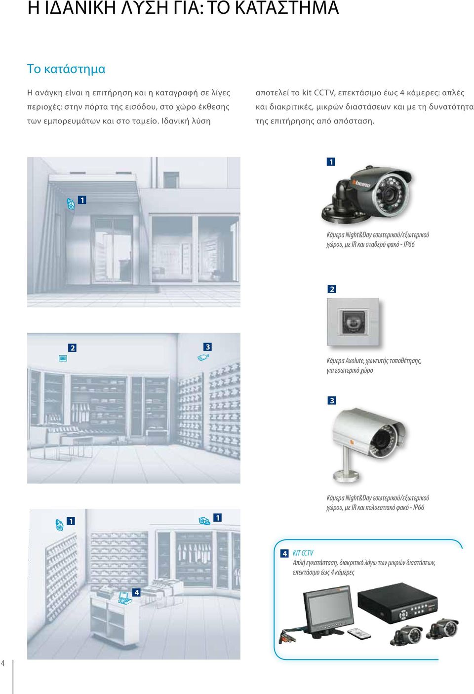 Ιδανική λύση αποτελεί το kit CCTV, επεκτάσιµο έως 4 κάµερες: απλές και διακριτικές, µικρών διαστάσεων και µε τη δυνατότητα της επιτήρησης από απόσταση.