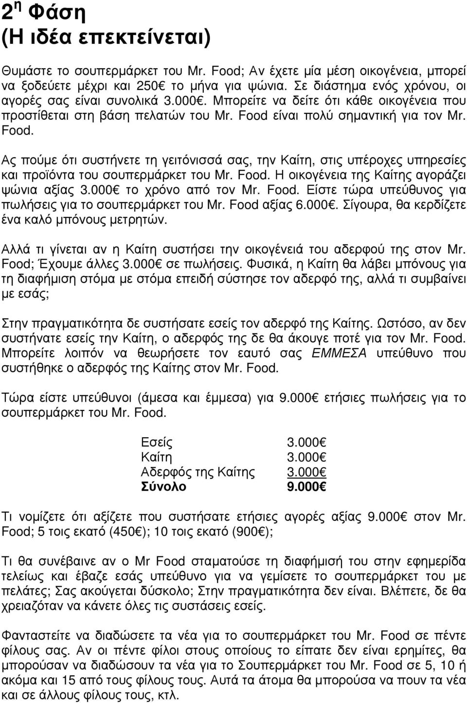 είναι πολύ σηµαντική για τον Mr. Food. Ας πούµε ότι συστήνετε τη γειτόνισσά σας, την Καίτη, στις υπέροχες υπηρεσίες και προϊόντα του σουπερµάρκετ του Mr. Food. Η οικογένεια της Καίτης αγοράζει ψώνια αξίας 3.