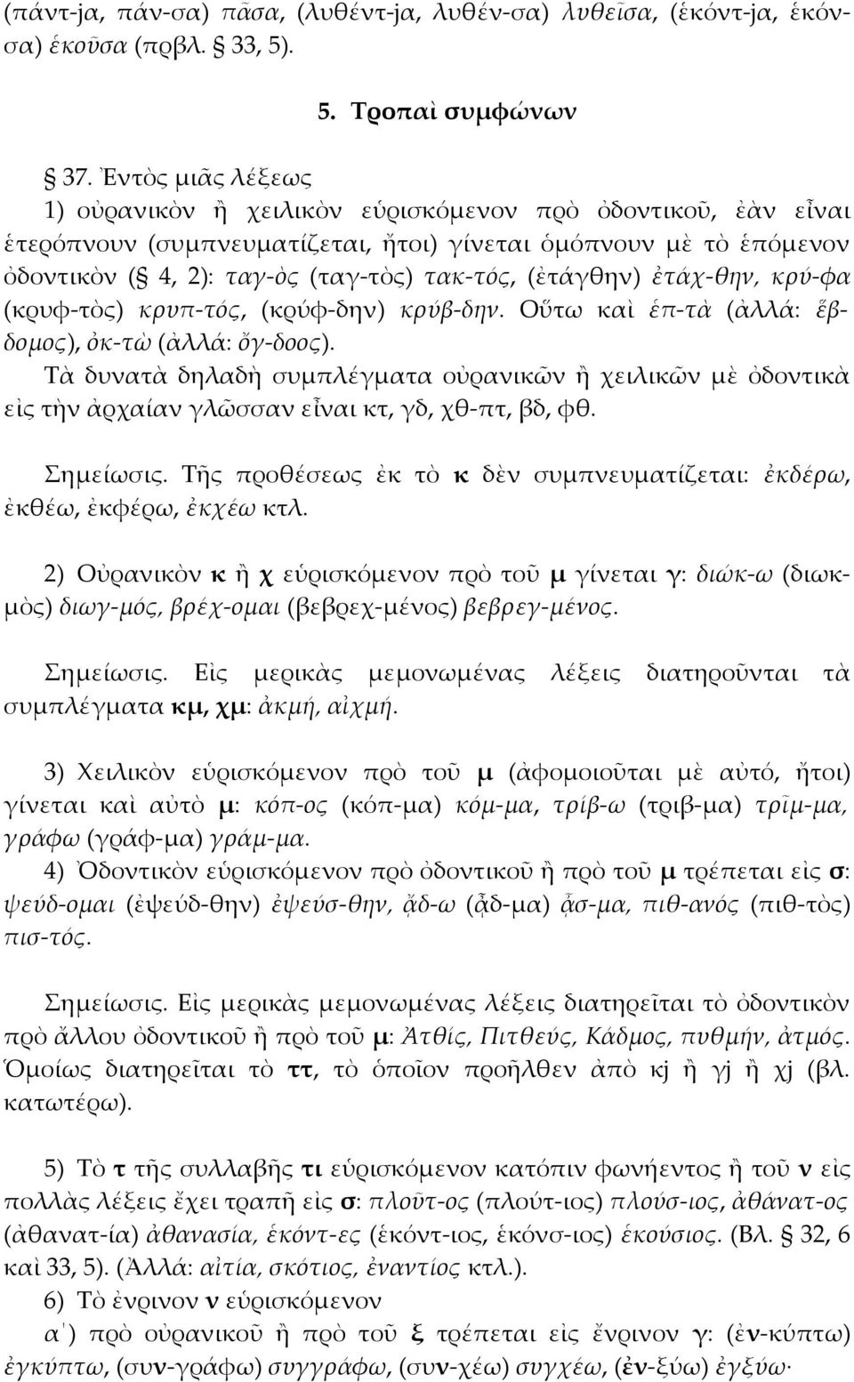 (ἐτάγθην) ἐτάχ-θην, κρύ-φα (κρυφ-τὸς) κρυπ-τός, (κρύφ-δην) κρύβ-δην. Οὕτω καὶ ἑπ-τὰ (ἀλλά: ἕβδομος), ὀκ-τὼ (ἀλλά: ὄγ-δοος).