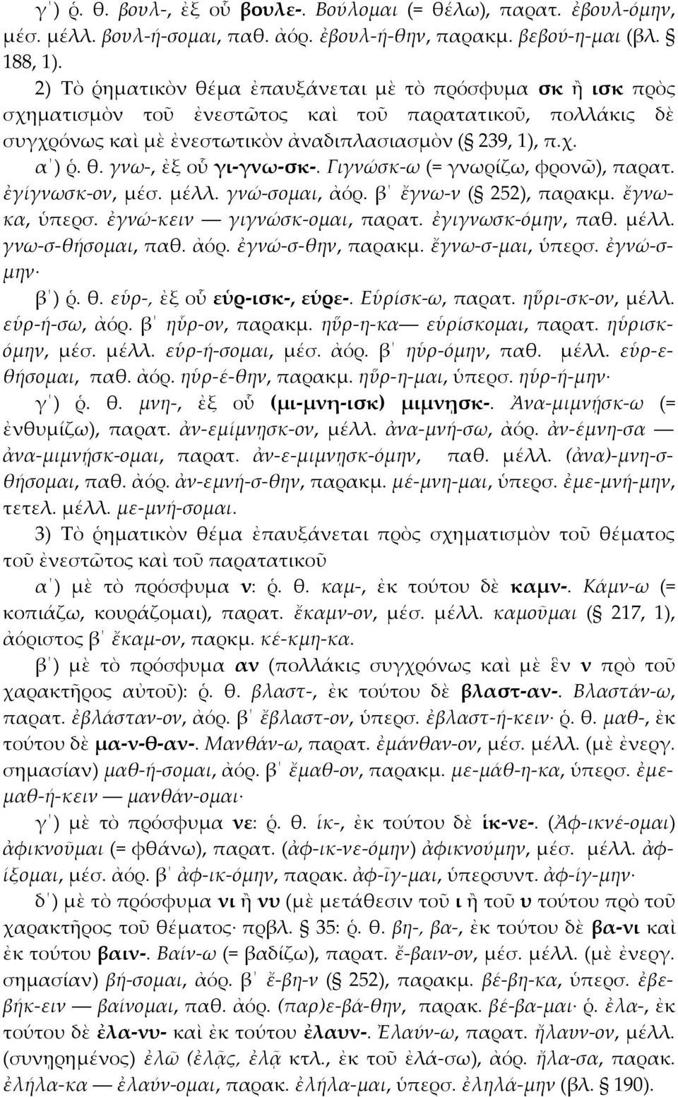 Γιγνώσκ-ω (= γνωρίζω, φρονῶ), παρατ. ἐγίγνωσκ-ον, μέσ. μέλλ. γνώ-σομαι, ἀόρ. β ἔγνω-ν ( 252), παρακμ. ἔγνωκα, ὑπερσ. ἐγνώ-κειν γιγνώσκ-ομαι, παρατ. ἐγιγνωσκ-όμην, παθ. μέλλ. γνω-σ-θήσομαι, παθ. ἀόρ. ἐγνώ-σ-θην, παρακμ.