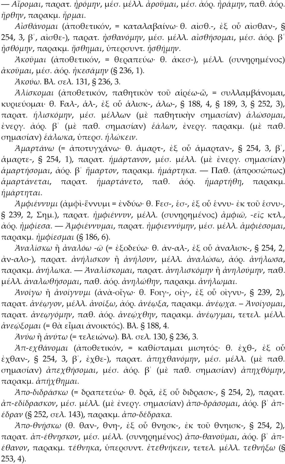 131, 236, 3. Ἁλίσκομαι (ἀποθετικόν, παθητικὸν τοῦ αἱρέω-ῶ, = συλλαμβάνομαι, κυριεύομαι θ. Fαλ-, ἁλ-, ἐξ οὗ ἁλισκ-, ἁλω-, 188, 4, 189, 3, 252, 3), παρατ. ἡλισκόμην, μέσ.