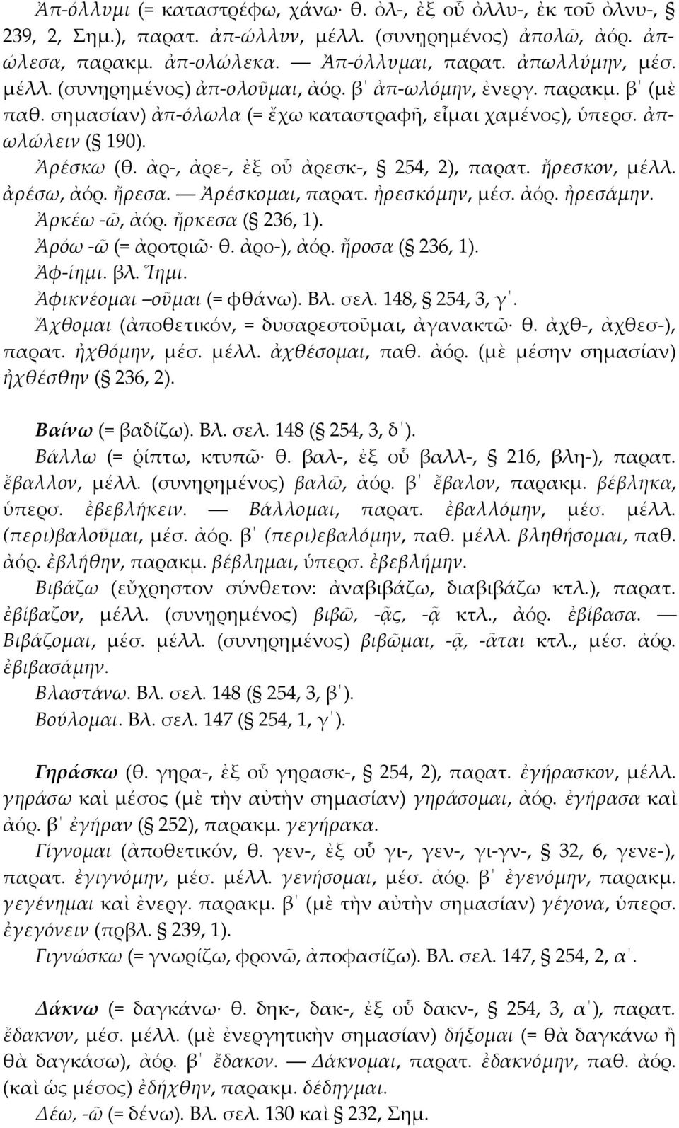 ἤρεσα. Ἀρέσκομαι, παρατ. ἠρεσκόμην, μέσ. ἀόρ. ἠρεσάμην. Ἀρκέω -ῶ, ἀόρ. ἤρκεσα ( 236, 1). Ἀρόω -ῶ (= ἀροτριῶ θ. ἀρο-), ἀόρ. ἤροσα ( 236, 1). Ἀφ-ίημι. βλ. Ἵημι. Ἀφικνέομαι οῦμαι (= φθάνω). Βλ. σελ.