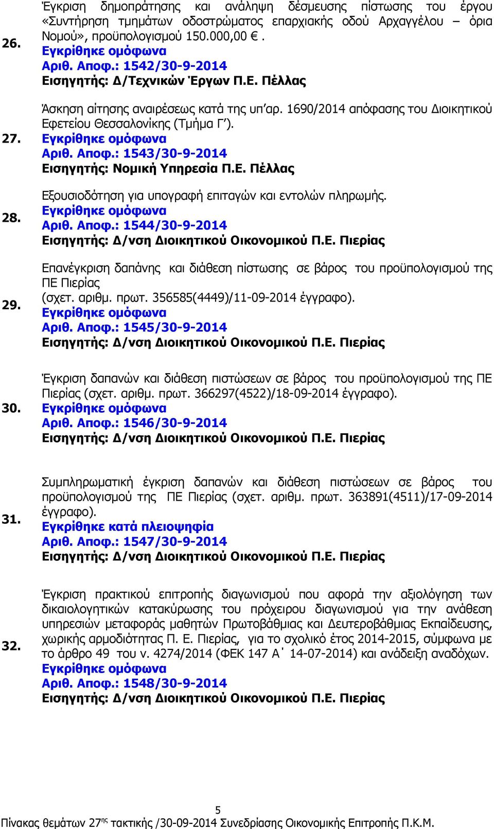 : 1543/30-9-2014 Εισηγητής: Νομική Υπηρεσία Π.Ε. Πέλλας Εξουσιοδότηση για υπογραφή επιταγών και εντολών πληρωμής. Αριθ. Αποφ.: 1544/30-9-2014 Εισηγητής: Δ/νση Διοικητικού Οικονομικού Π.Ε. Πιερίας Επανέγκριση δαπάνης και διάθεση πίστωσης σε βάρος του προϋπολογισμού της ΠΕ Πιερίας (σχετ.