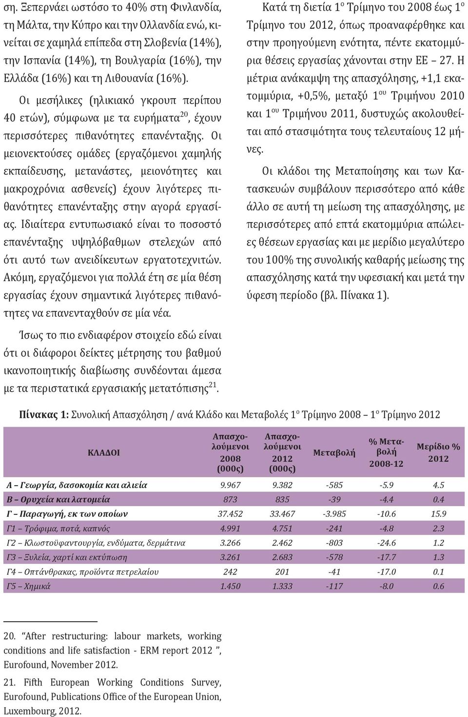 Οι μειονεκτούσες ομάδες (εργαζόμενοι χαμηλής εκπαίδευσης, μετανάστες, μειονότητες και μακροχρόνια ασθενείς) έχουν λιγότερες πιθανότητες επανένταξης στην αγορά εργασίας.