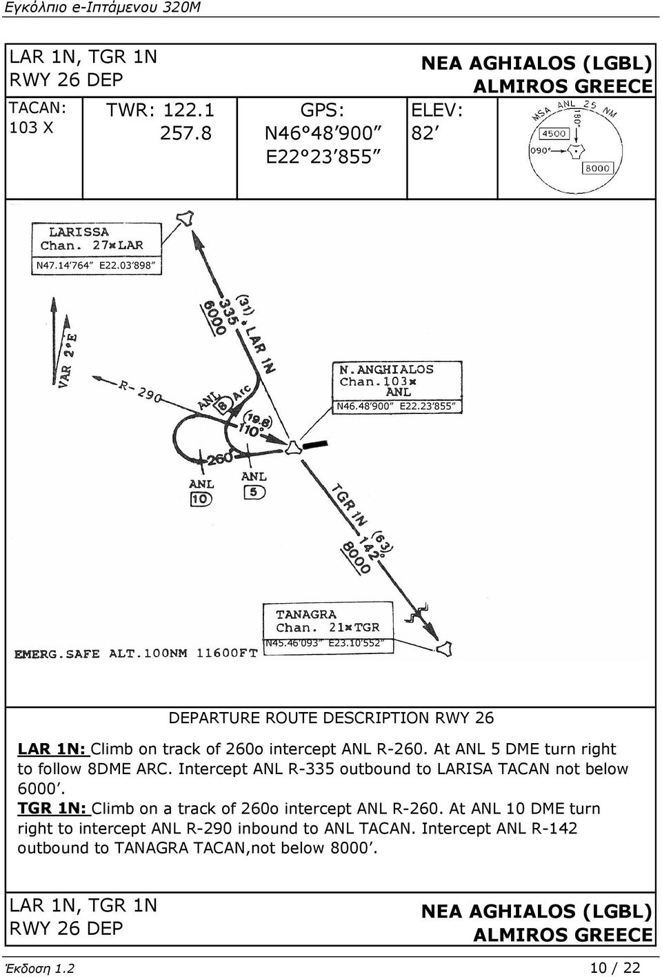 At ANL 5 DME turn right to follow 8DME ARC. Intercept ANL R-335 outbound to LARISA TACAN not below 6000. TGR 1N: Climb on a track of 260o intercept ANL R-260.