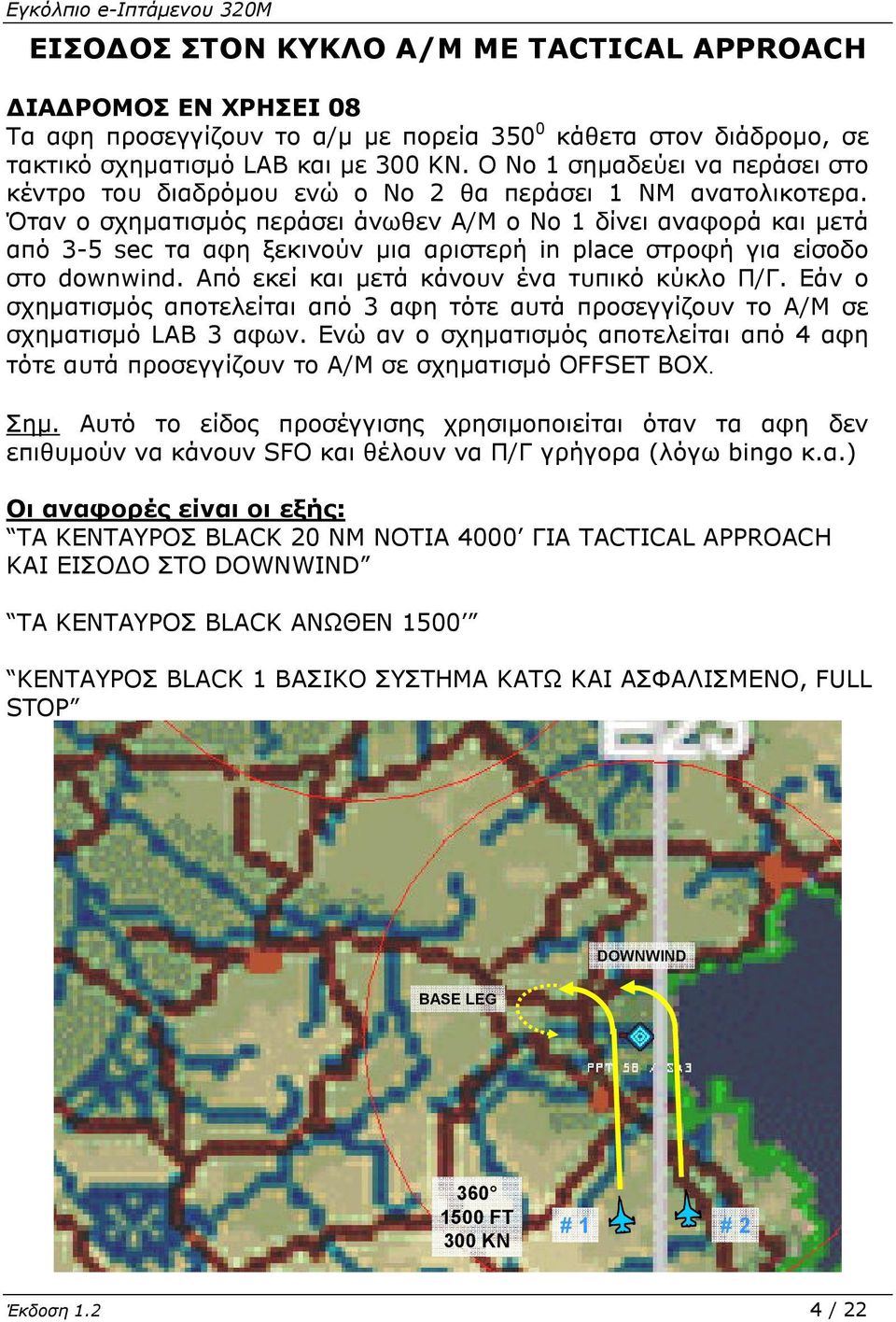 Όταν ο σχηµατισµός περάσει άνωθεν Α/Μ ο Νο 1 δίνει αναφορά και µετά από 3-5 sec τα αφη ξεκινούν µια αριστερή in place στροφή για είσοδο στο downwind. Από εκεί και µετά κάνουν ένα τυπικό κύκλο Π/Γ.