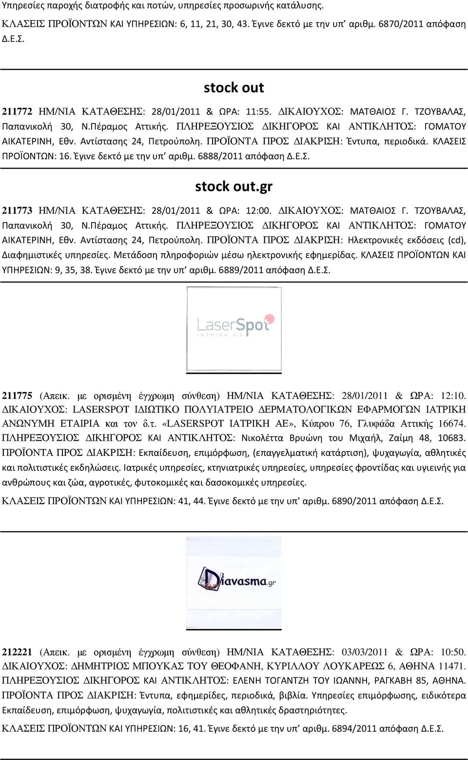 ΚΛΑΣΕΙΣ ΠΡΟΪΟΝΤΩΝ: 16. Έγινε δεκτό µε την υπ αριθµ. 6888/2011 απόφαση Δ.Ε.Σ. stock out.gr 211773 ΗΜ/ΝΙΑ ΚΑΤΑΘΕΣΗΣ: 28/01/2011 & ΩΡΑ: 12:00. ΙΚΑΙΟΥΧΟΣ: ΜΑΤΘΑΙΟΣ Γ. ΤΖΟΥΒΑΛΑΣ, Παπανικολή 30, Ν.