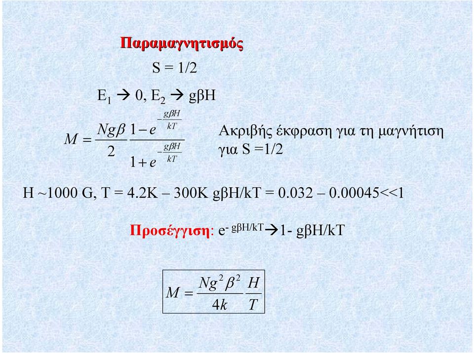 S =1/2 Η ~1000 G, Τ = 4.2Κ 300Κ gβη/kτ = 0.032 0.