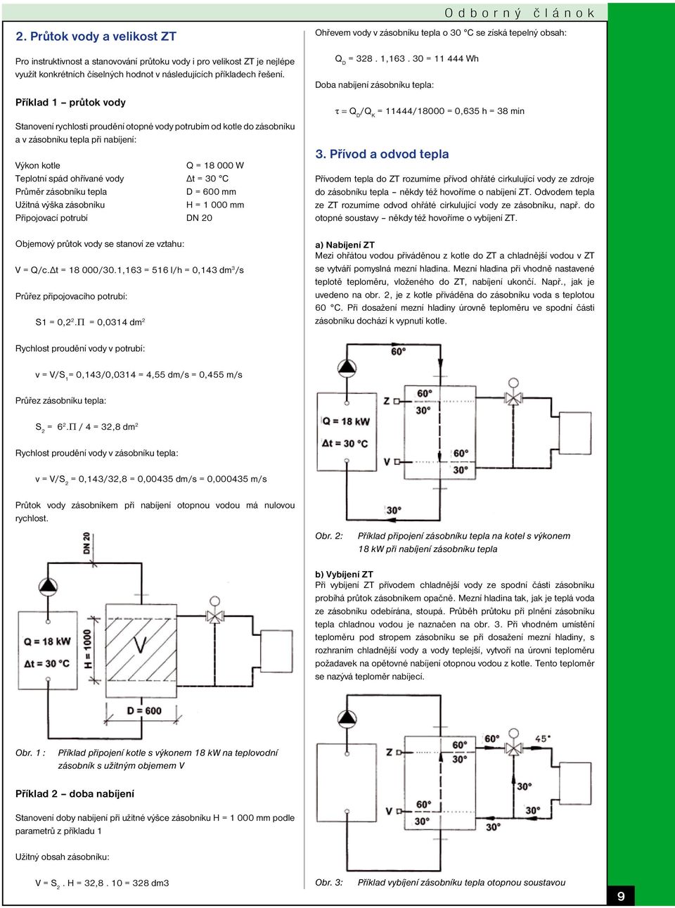 zásobníku tepla D = 600 mm Užitná výška zásobníku H = 1 000 mm Připojovací potrubí DN 20 Objemový průtok vody se stanoví ze vztahu: V = Q/c.Δt = 18 000/30.