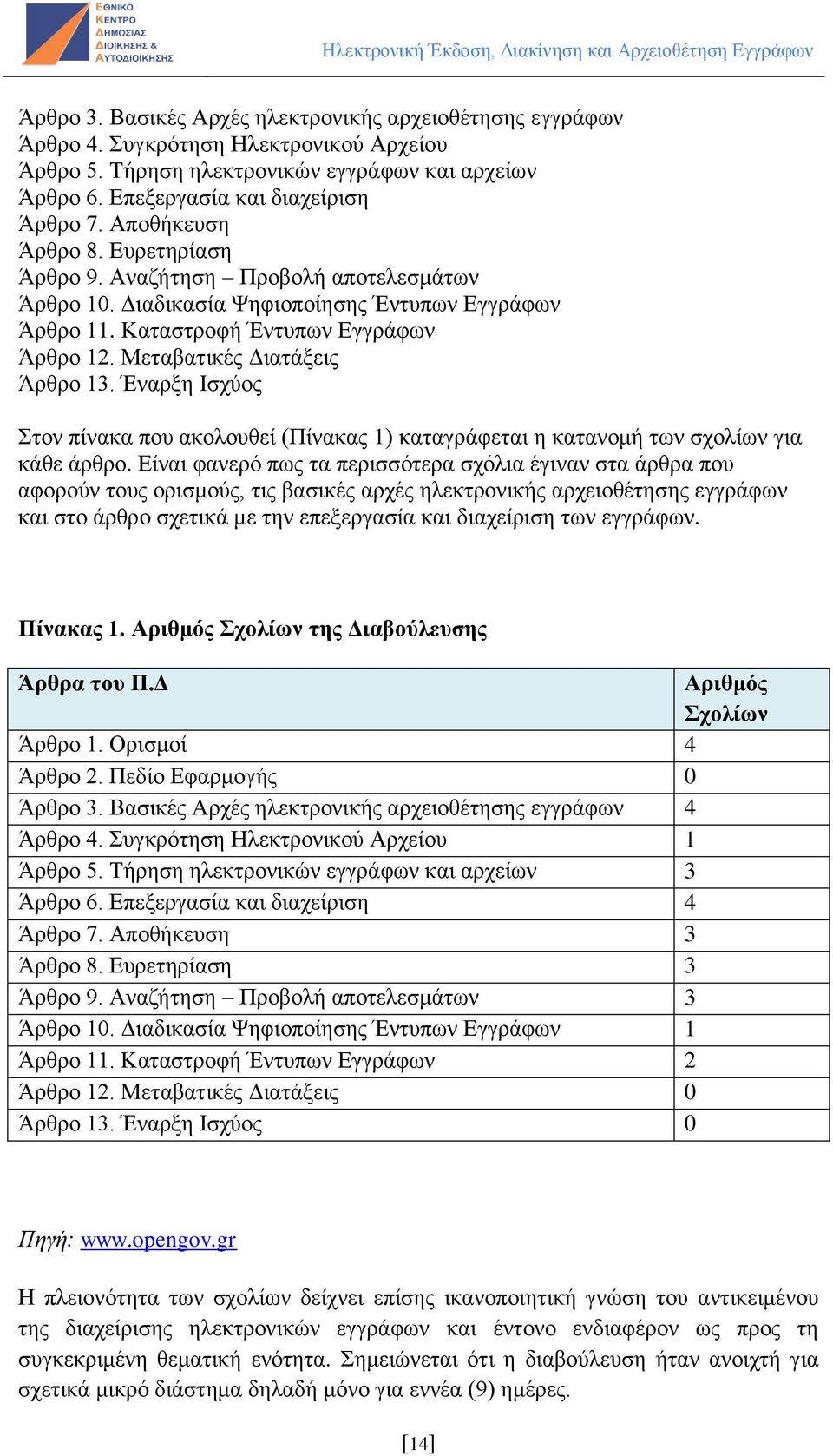 Μεταβατικές Διατάξεις Άρθρο 13. Έναρξη Ισχύος Στον πίνακα που ακολουθεί (Πίνακας 1) καταγράφεται η κατανομή των σχολίων για κάθε άρθρο.