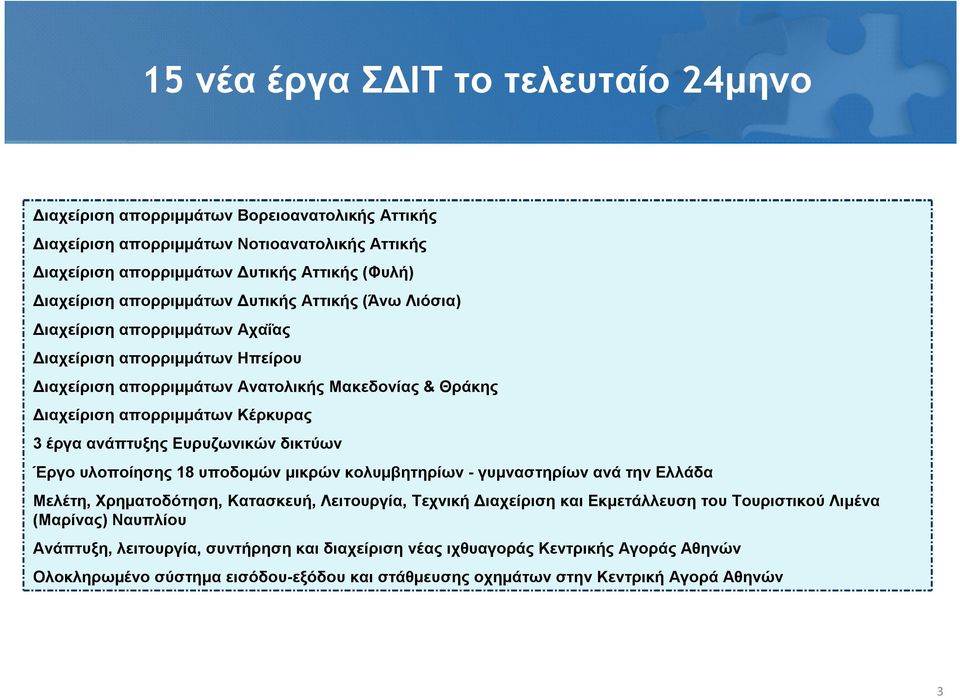 ανάπτυξης Ευρυζωνικών δικτύων Έργο υλοποίησης 18 υποδομών μικρών κολυμβητηρίων - γυμναστηρίων ανά την Ελλάδα Μελέτη, Χρηματοδότηση, Κατασκευή, Λειτουργία, Τεχνική Διαχείριση και Εκμετάλλευση του