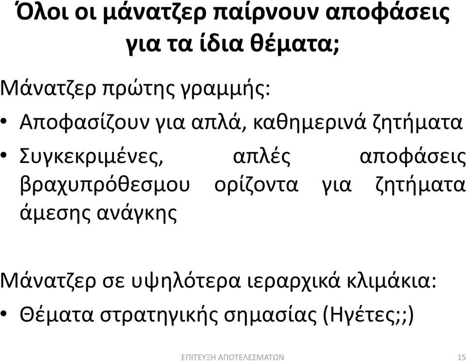 αποφάσεις βραχυπρόθεσμου ορίζοντα για ζητήματα άμεσης ανάγκης Μάνατζερ σε