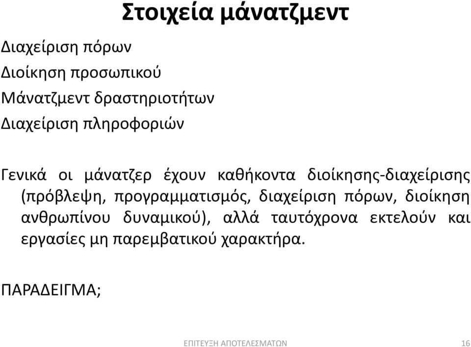 (πρόβλεψη, προγραμματισμός, διαχείριση πόρων, διοίκηση ανθρωπίνου δυναμικού), αλλά