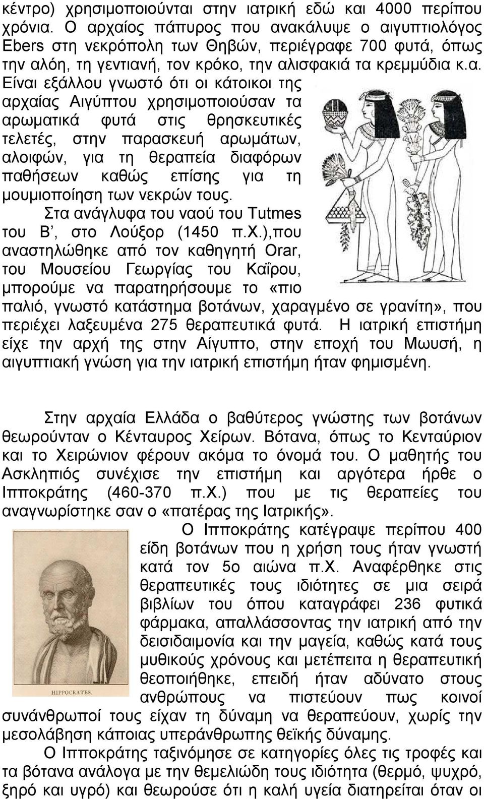 κάτοικοι της αρχαίας Αιγύπτου χρησιµοποιούσαν τα αρωµατικά φυτά στις θρησκευτικές τελετές, στην παρασκευή αρωµάτων, αλοιφών, για τη θεραπεία διαφόρων παθήσεων καθώς επίσης για τη µουµιοποίηση των