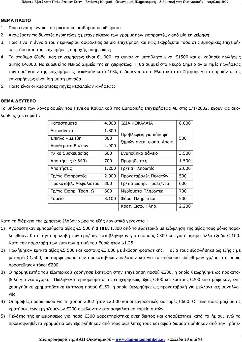 Τα σταθερά έξοδα μιας επιχειρήσεως είναι 1.000, τα συνολικά μεταβλητά είναι 1500 και οι καθαρές πωλήσεις αυτής 4.000. Να ευρεθεί το Νεκρό Σημείο της επιχειρήσεως.