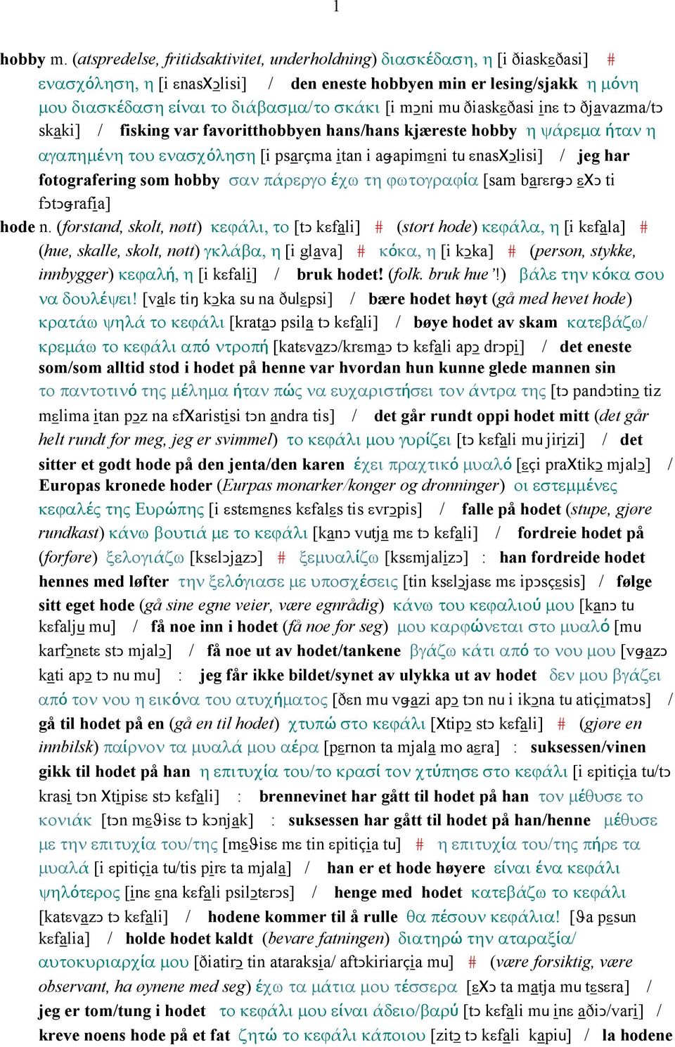 mǥni mu ðiaskεðasi inε tǥ ðjavazma/tǥ skaki] / fisking var favoritthobbyen hans/hans kjæreste hobby η ψάρεµα ήταν η αγαπηµένη του ενασχόληση [i psarçma itan i aǅapimεni tu εnasχǥlisi] / jeg har