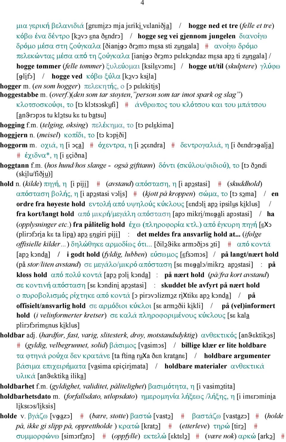 γλύϕω [ǅlifǤ] / hogge ved κόβω ξύλα [kǥvǥ ksila] hogger m. (en som hogger) πελεκητής, ο [Ǥ pεlεkitis] hoggestabbe m. (overf.