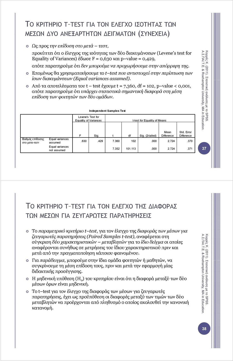 Εποµένως θα χρησιµοποιήσουµε το t test που αντιστοιχεί στην περίπτωση των ίσων διακυµάνσεων (Equal variances assumed).