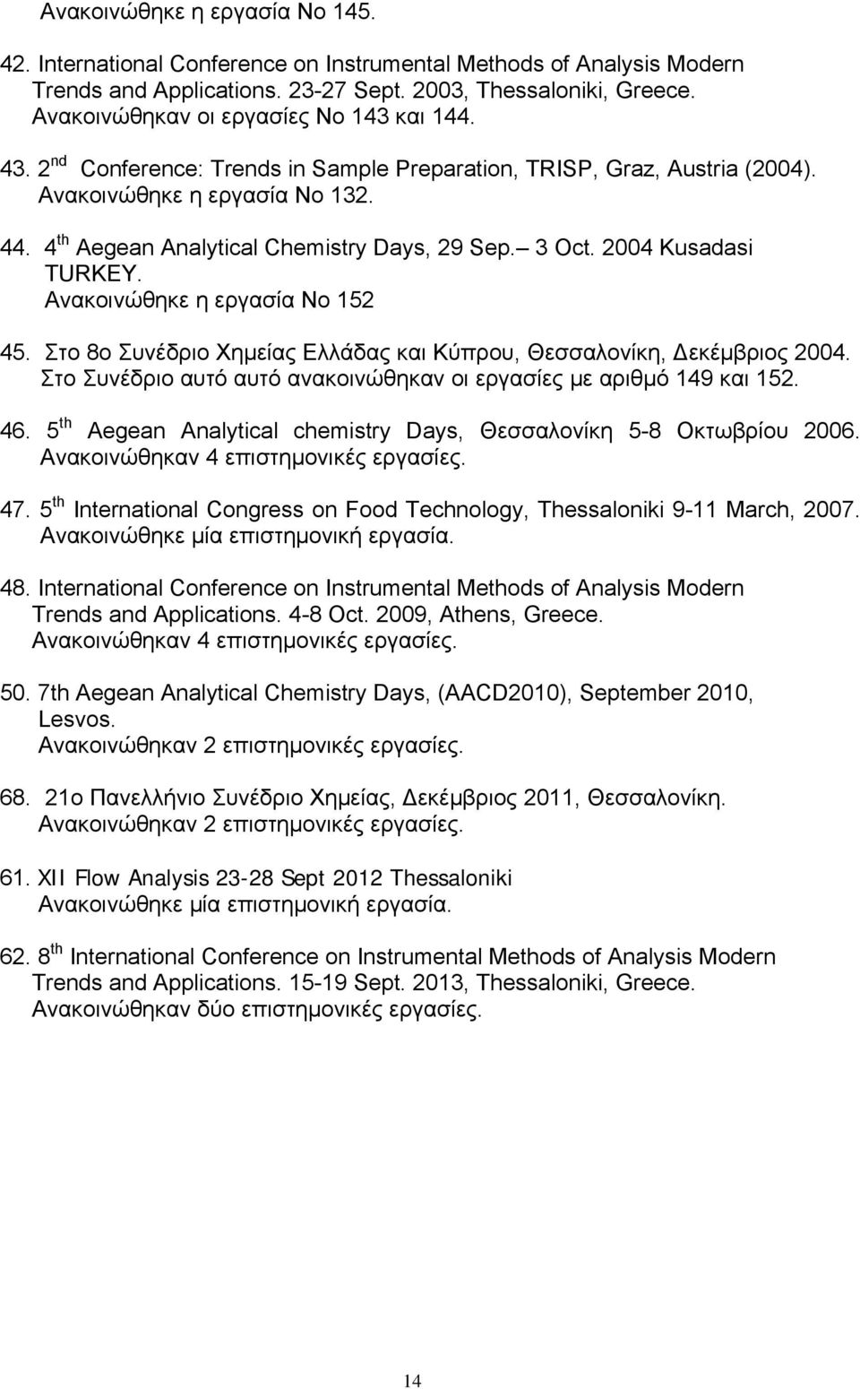 4 th Aegean Analytical Chemistry Days, 29 Sep. 3 Oct. 2004 Kusadasi TURKEY. Ανακοινώθηκε η εργασία Νο 152 45. Στο 8ο Συνέδριο Χημείας Ελλάδας και Κύπρου, Θεσσαλονίκη, Δεκέμβριος 2004.